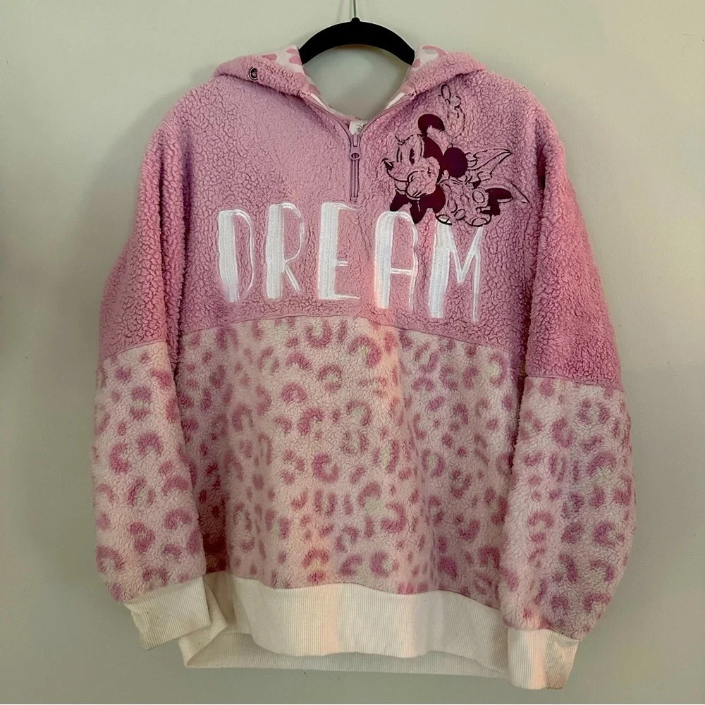 Disney Minnie Mouse Lavender Pink Leopard Print Teddy Pullover Park Wear XS
